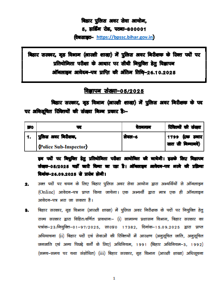 Bihar Police SI Recruitment 2025 (Notification Out)
