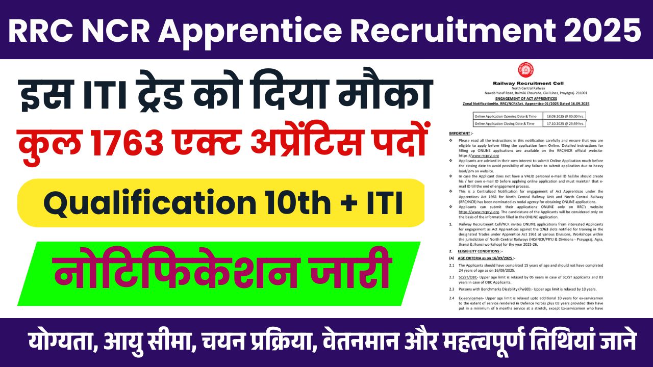 RRC NCR Apprentice Recruitment 2025: भारतीय रेलवे में 1763 Handyman पदों पर सुनहरा मौका