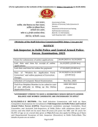 SSC CAPF Sub-Inspector Vacancy 2025