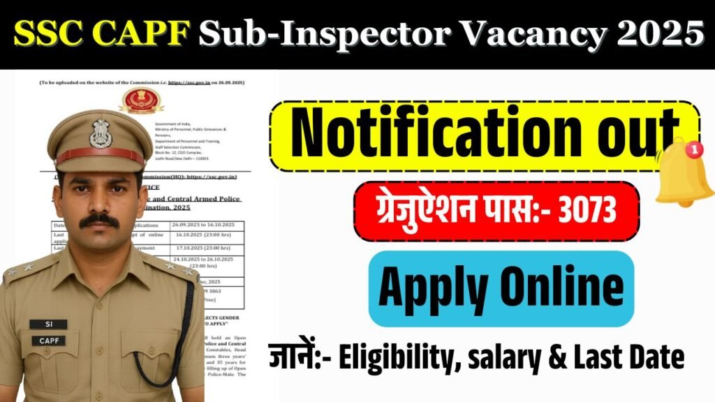 SSC CAPF Sub-Inspector Vacancy 2025 दिल्ली पुलिस और केंद्रीय सुरक्षा बलों में 3,000+ पदों पर बम्पर भर्ती