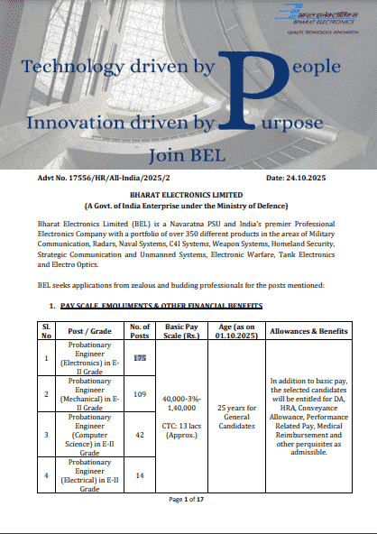 BEL Probationary Engineer Notification 2025