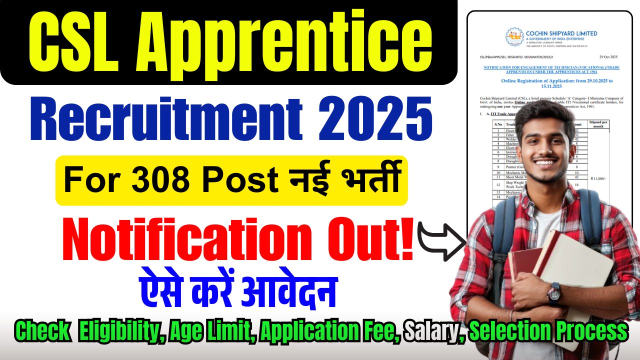 CSL Apprentice Recruitment 2025: Apply Online for 308 Apprentice Vacancies in Cochin Shipyard Limited – No Exam Required