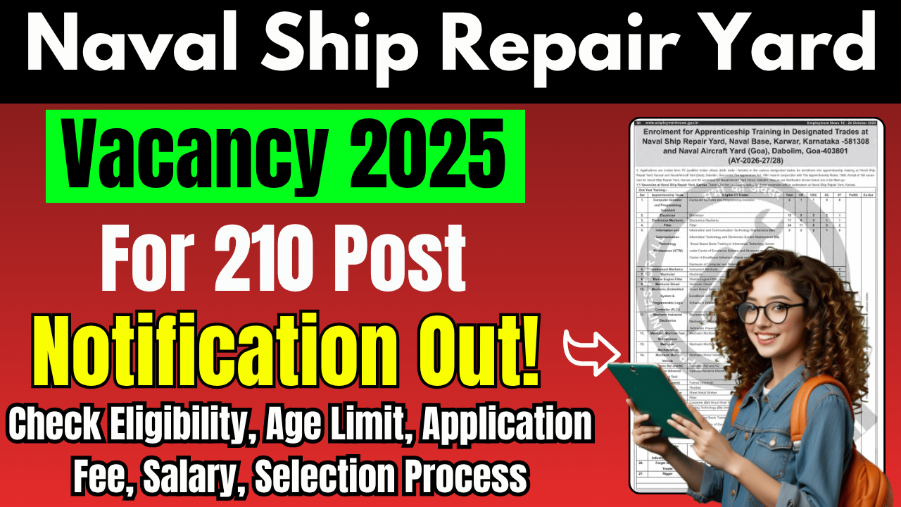 Naval Ship Repair Yard Vacancy 2025: Apply for 210 Vacancies, Check Eligibility, Salary & Application Details
