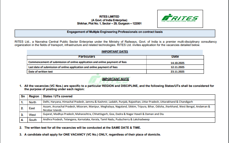 Official Notification Released for RITES Senior Technical Assistant Recruitment 2025