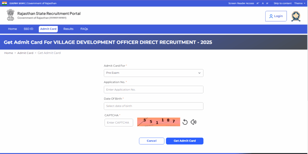 Rajasthan VDO Admit Card 2025 Download 