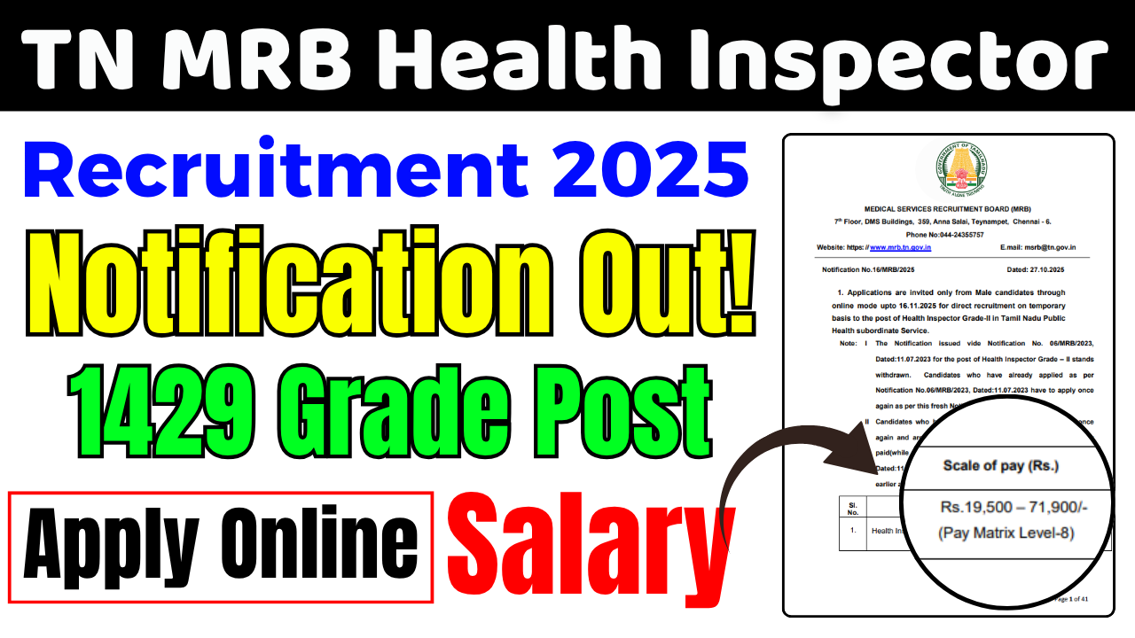 TN MRB Health Inspector Recruitment 2025 Notification Out, Apply Online For 1429 Grade II Vacancies