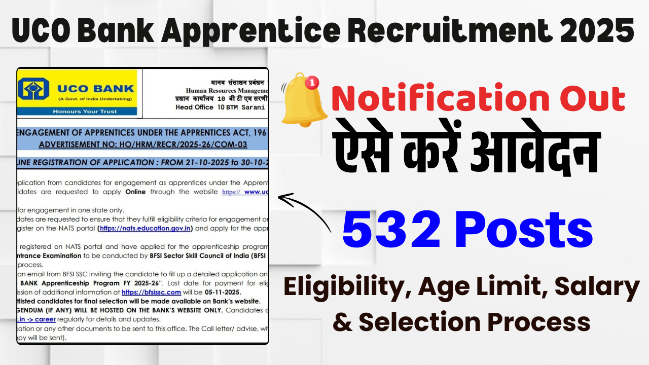 UCO Bank Apprentice Recruitment 2025: Apply Online for 532 Posts – Check Eligibility, Age Limit, Salary & Selection Process