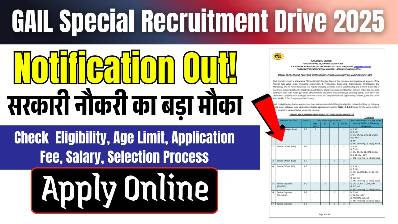 GAIL Special Recruitment Drive 2025: 29 पदों पर बड़ी भर्ती का ऐलान, Qualification, Fees, Age Limit और Selection Process की, सरकारी नौकरी का बड़ा मौका
