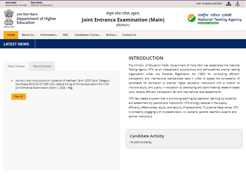 Online Process of JEE Main 2026 Registration