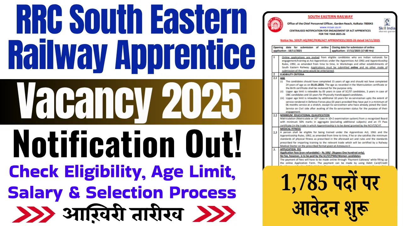 RRC South Eastern Railway Apprentice Vacancy 2025 (Started): 10वीं पास युवाओं के लिए बिना परीक्षा 1785 पदों पर बंपर भर्ती