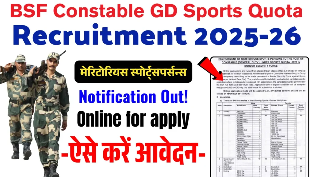 BSF Constable GD Sports Quota Recruitment 2025-26: Apply Online for 549 Posts, Vacancy Notification, Eligibility, Age Limit, Fee & Last Date