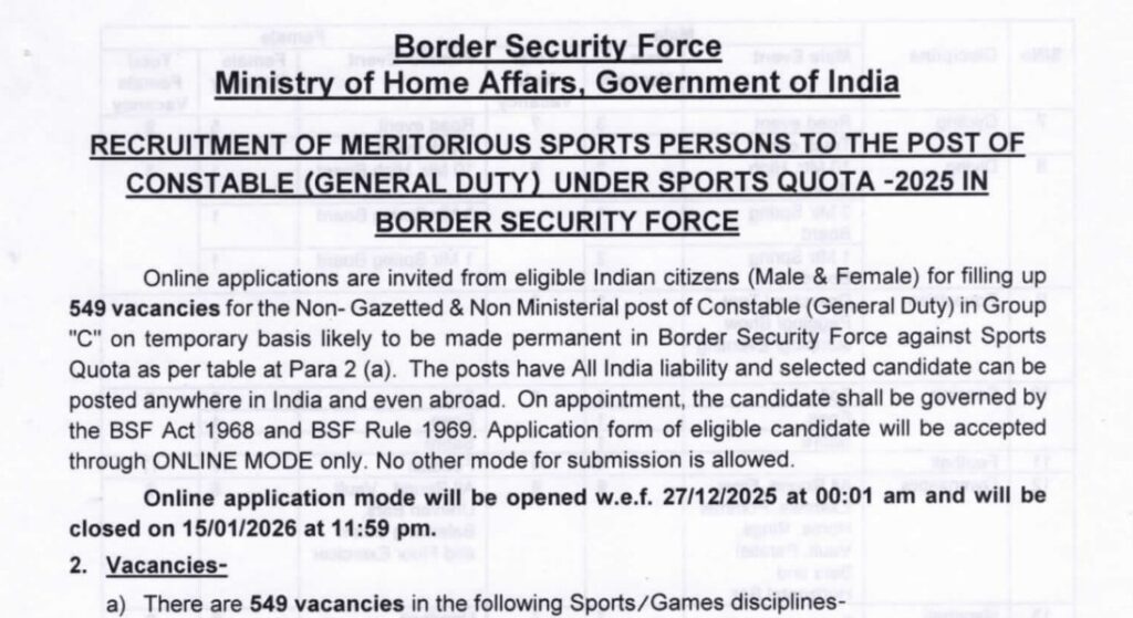 BSF Constable GD Sports Quota Recruitment 2026