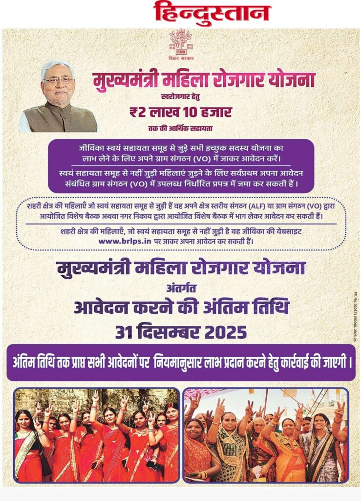 Mukhyamantri Mahila Rojgar Yojana Last Date 2025 Notice