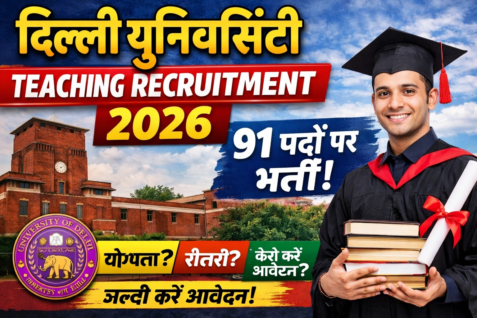 Delhi University Teaching Recruitment 2026 – 91 Faculty Vacancies Apply Online, Eligibility, Salary, Full Details