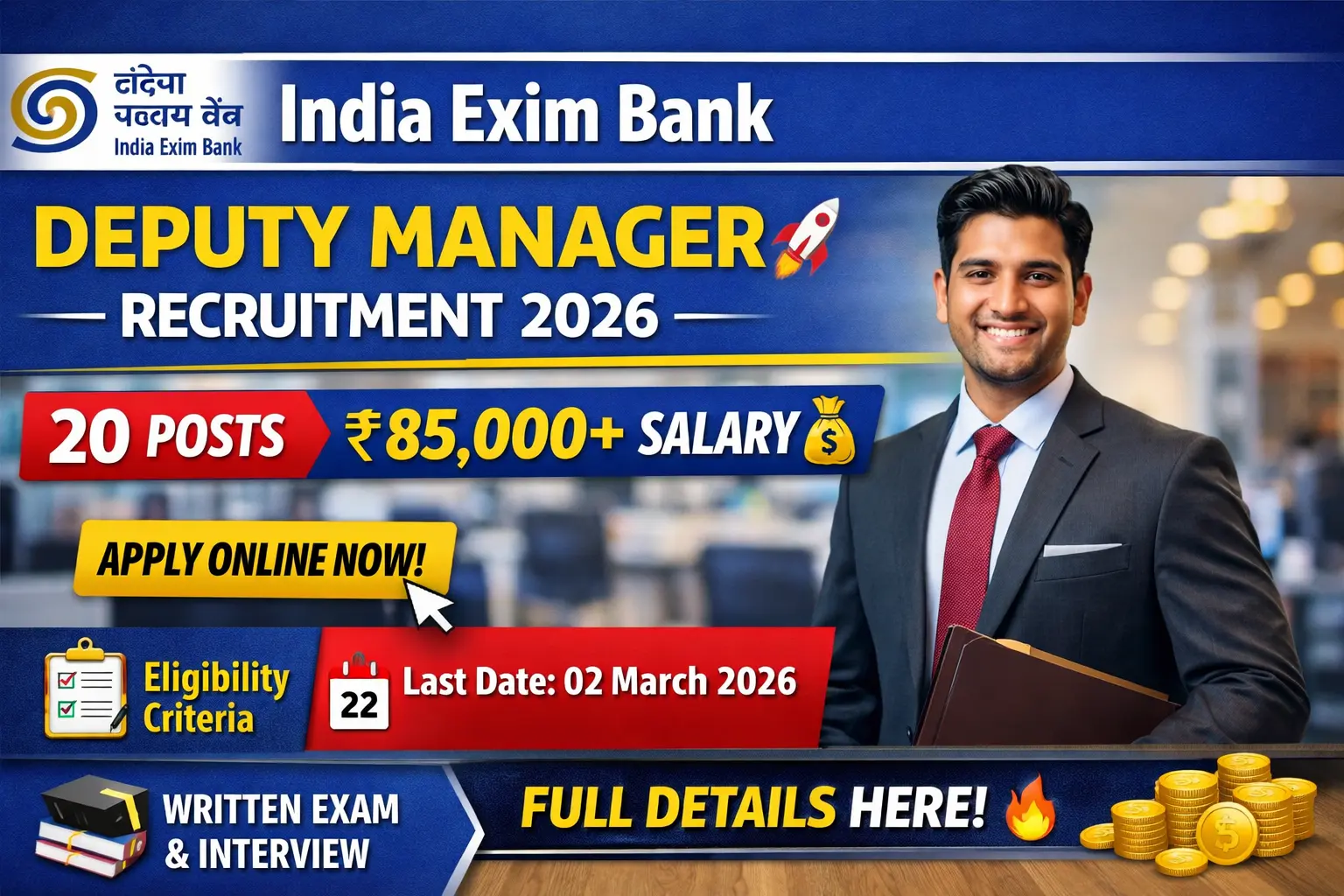 India Exim Bank Deputy Manager Recruitment 2026 Apply Online Now 20 Posts ₹85,000+ Salary Eligibility, Last Date, Selection Process