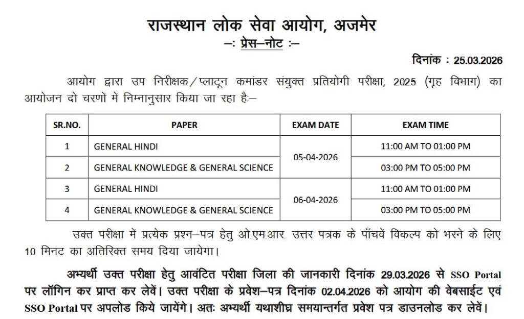 Rajasthan RPSC Sub Inspector SI / Subedar Recruitment 2025 Exam City Details Released