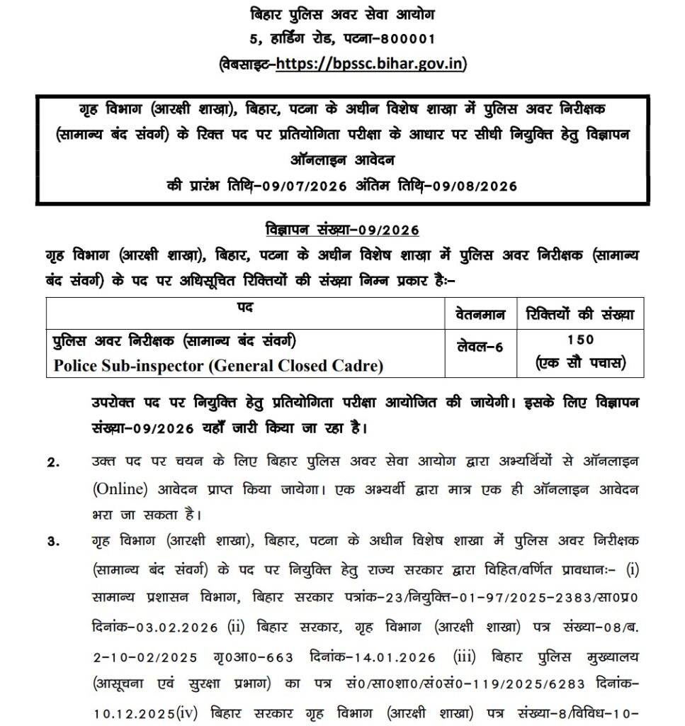 BPSSC Bihar Police SI Closed Cadre Recruitment 2026