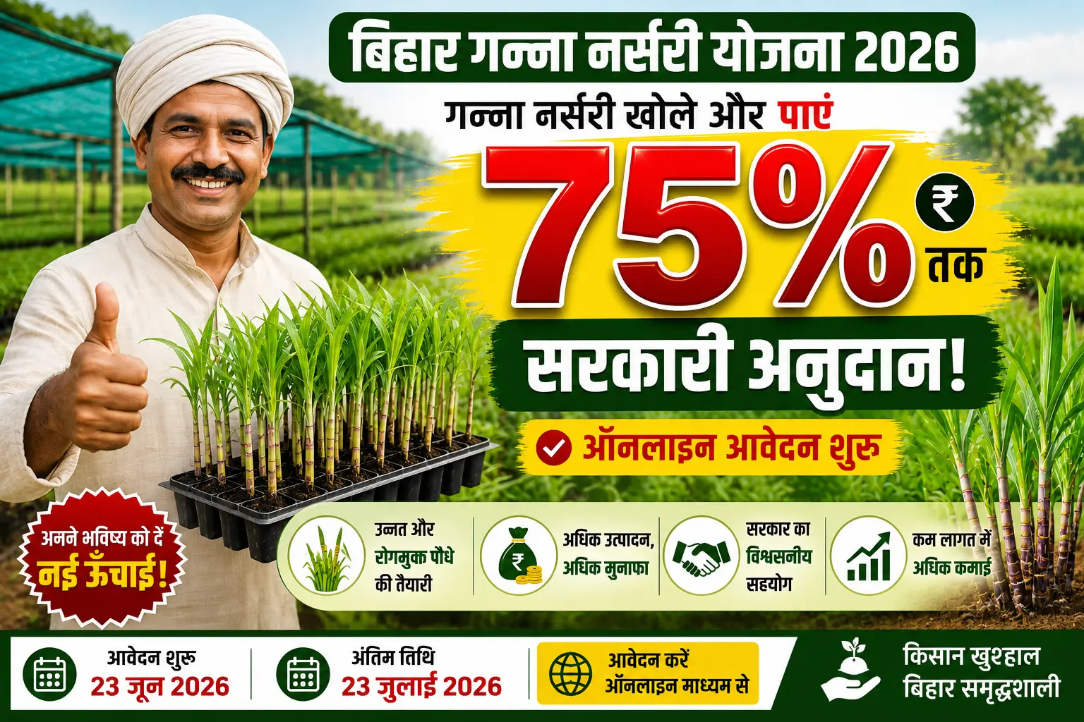 Bihar Ganna Nursery Yojana 2026 गन्ना नर्सरी खोलने पर 75% तक अनुदान, ऑनलाइन आवेदन शुरू