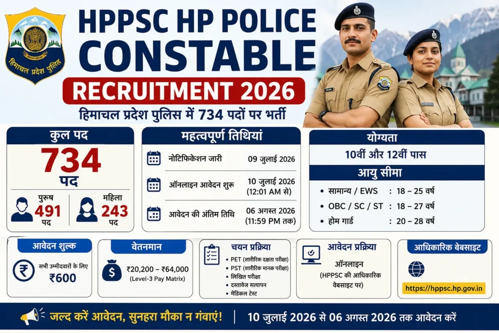 HPPSC HP Police Constable Recruitment 2026 734 पदों पर भर्ती, आवेदन शुरू