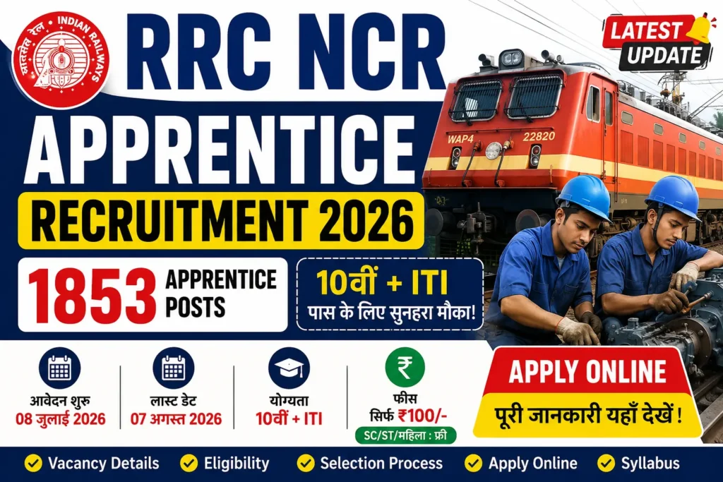 RRC NCR Apprentice Recruitment 2026 Notification Out Apply Online for 1853 Apprentice Posts, Check Eligibility, Last Date, Trade Wise Vacancy & Selection Process