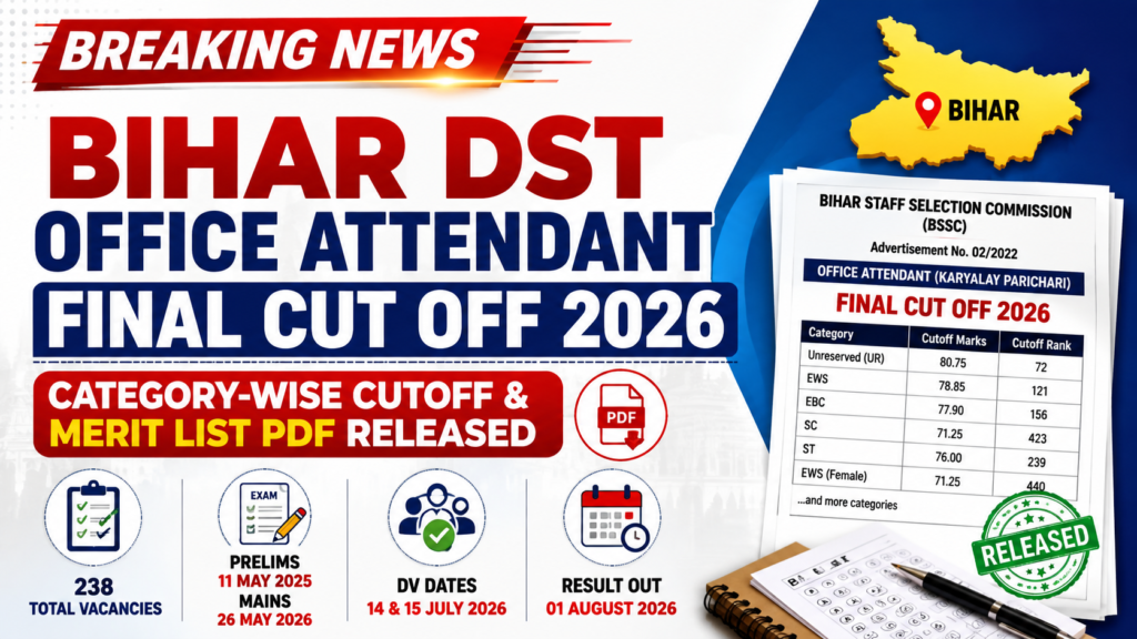 Bihar DST Office Attendant Final Cut Off 2026 Category-Wise Cutoff Marks, Merit List PDF