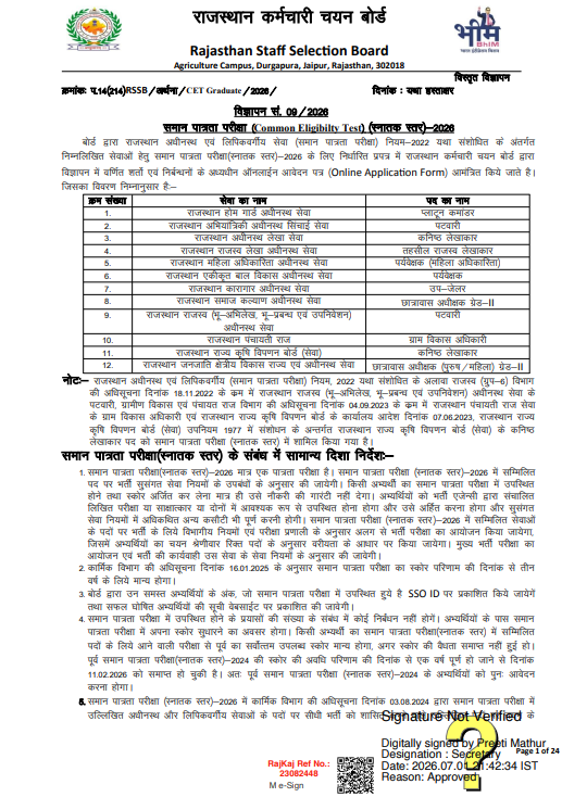 Rajasthan CET Graduate Level Form 2026 Official Notification