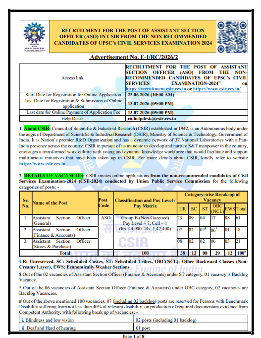 Advertisement for Direct Recruitment for the post of Assistant Section Officer in CSIR from the non-recommended candidates of UPSC’s Civil Services Examination 2024 [Last Date: 13/07/2026]
