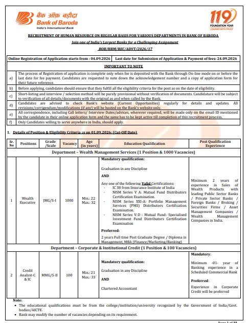 Bank of Baroda Vacancy 2026